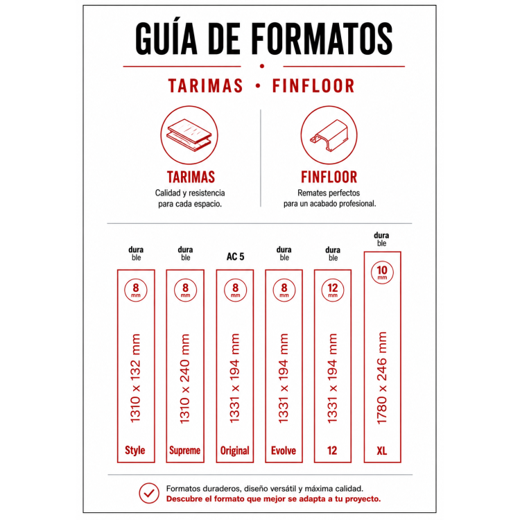 Medidas de tarima laminada Finfloor en Alcalá de Henares y Guadalajara: formatos, tamaños y grosores